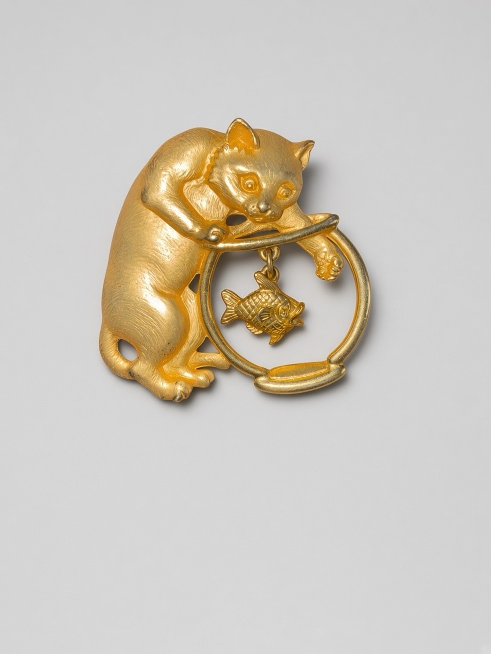 Vintage J.J. Jonette Jewelry Gold Tone Cat & Fish Bowl Brooch Pin